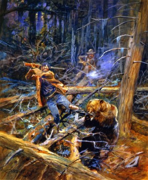 Classical Painting - a wounded grizzly 1906 Charles Marion Russell hunting